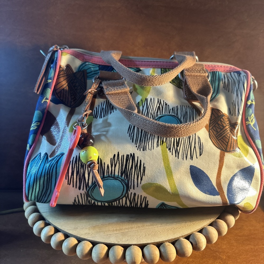 Vintage Fossil Key-Per Mod Floral Print Crossbody Bag Coated Canvas Tote Nature